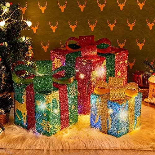 6 PCS božićni osvijetljeni poklon kutije Božićni ukrasi za vanjske kutije, Ornate poklon kutije ukras s LED -om i lukovima, ukras jelena