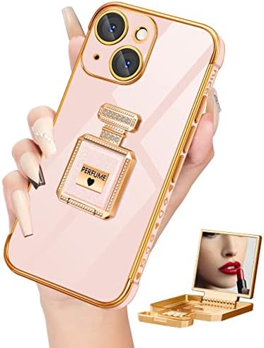 Buleens za iPhone 13 futrola za žene djevojke, slatke djevojčice za srce za iPhone 13 s metalnim stajalicom za ogledalo za bočicu parfema,