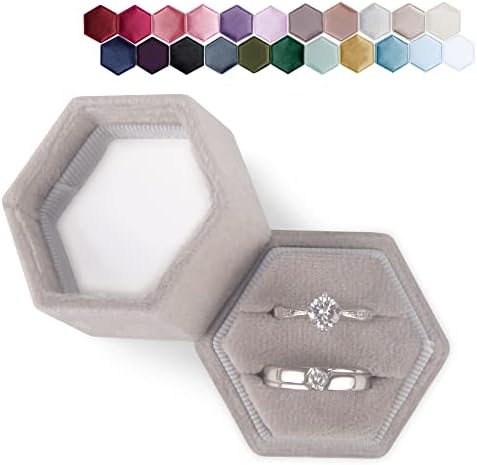 Designster Hexagon Velvet Box - Premium prekrasni vintage držač za dvostruki prsten s odvojivim poklopcem za prijedlog, angažman, vjenčanje,