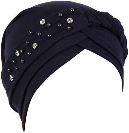 Elastični turban traka za glavu za žene, biserni turban s čvorovima, unaprijed vezana muslimanska kapa za kemoterapiju, rastezljivi