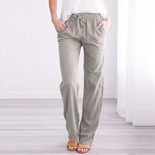 Xinshide lanene hlače za žene casual visokog struka palazzo hlača udobna ravna noga labave hlače s džepovima