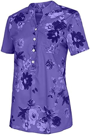 Ljetni vrhovi za žene kratke rukave naplaćene košulje s V-izrezom cvjetni gumb za ispis Up Košulja elegantna bluza s džepom u prsima