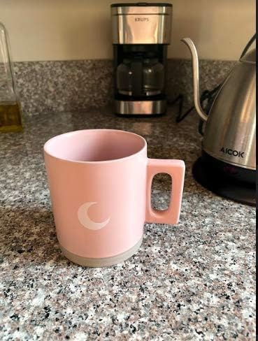 Ružičasta keramička šalica s ručkom-keramička šalica za kavu s ugraviranim bijelim mjesecom-kućna i uredska šalica sigurna za pranje