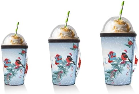 Zimski snjegović u šeširu ptice za višekratnu upotrebu ledene kave s ručicom neoprene čahura za čašicu za sodu, latte, čaj, pića, pivo