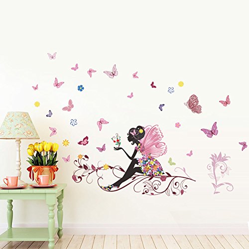 Romantična ružičasta cvjetna vila koja pušta leptire uklonjiva zidna naljepnica naljepnica za dnevni boravak spavaća soba uređenje