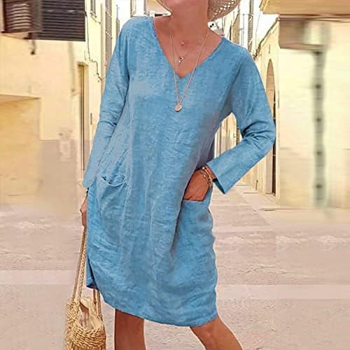 Frakarna ženska ljetna ležerna čvrsta boja dugih rukava s V-izrezom za šivanje labave pamučne lanene haljine