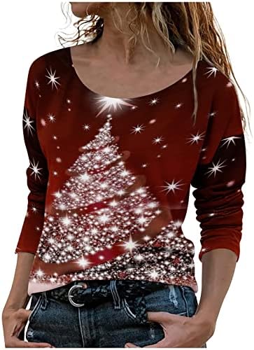 Slatki jeseni vrhovi za žene O-Neck Božićni tiskani košulje Moderno dugački božićni džemperi za žene