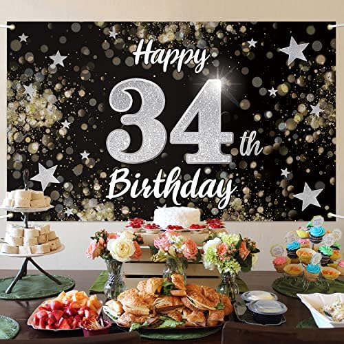 Sretan 34. Rođendan, Crna i srebrna zvijezda, veliki natpis za 34.rođendan, pozadina za fotografiranje kućnih zidova, ukras za 34.