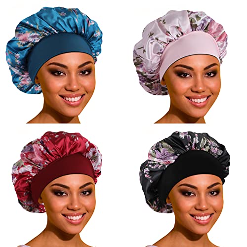 Satenski šešir za spavanje - 4 pakiranja velikih svilenih šešira za crne žene s elastičnom mekom trakom za njegu kose