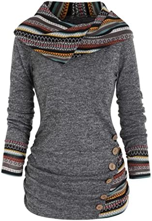 Zauful ženski modni print s kapuljačom s kapuljačom dukserice dugih rukava plemenska pruga pletena gumb za ruganje kapuljača bluza