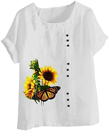 Majice sa suncokretovim uzorkom za žene pamučna lanena košulja širokog kroja vrhovi kratkih rukava ležerna bluza s okruglim vratom