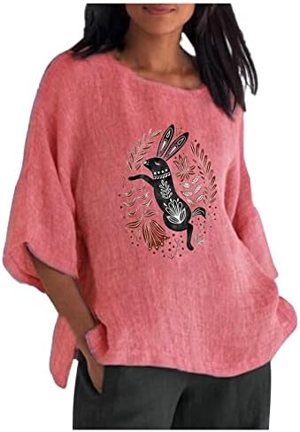 Ženski uskrsni pamučni platneni vrhovi ljeto 3/4 rukava Slatka zečja grafička košulja s grafičkim košuljama Kršćanske majice bluze