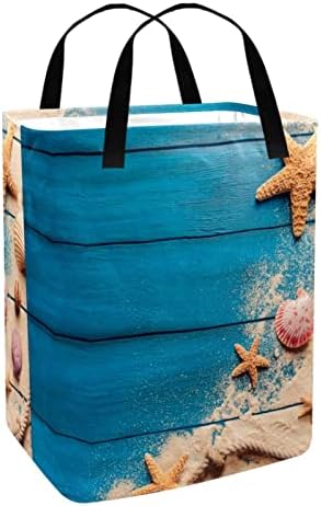 Ljetni morski pijesak, školjke morskih zvijezda na plavoj drvenoj ploči s printom sklopiva košara za rublje, vodootporne košare za