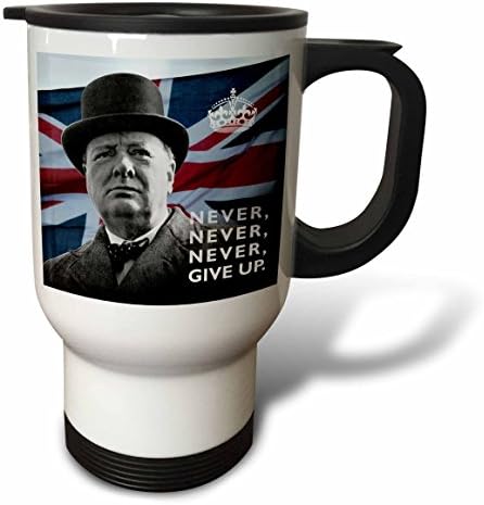 3Drose Winston Churchill-nikad se ne odustaje od citata nad Union Jackom pozadinskim putničkim šalicama, 14 oz, bijela