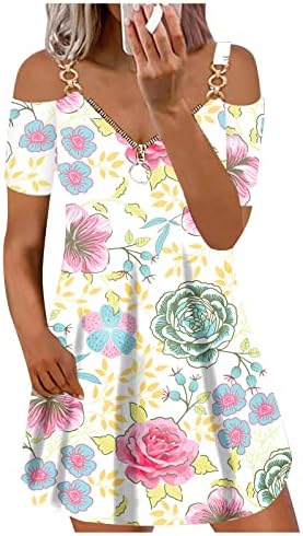 Ženske haljine na plaži Ljetni cvjetni print Off ramena haljina kratkih rukava Zipper Deep v Neck labave haljine