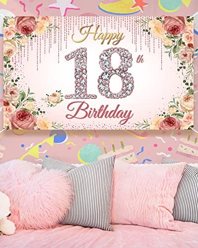 18. rođendanski nakit, ružičasto zlato, 18. rođendanski natpis za žene, 18-godišnji ružičasti cvjetni znak za rođendansku zabavu, dekor