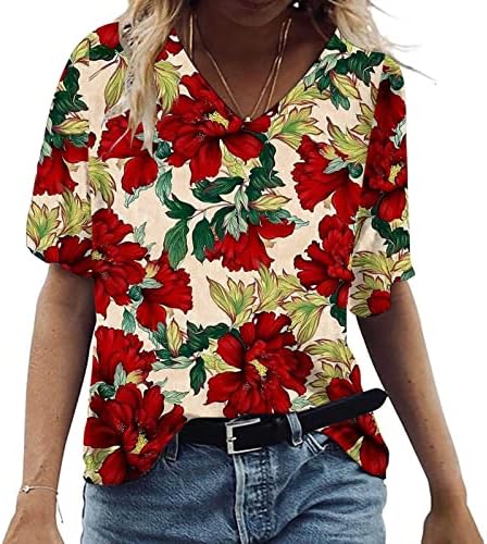 Labava fit majica za žene plus cvjetni print bluza v vrat kratke rukave tunike ljetne košulje