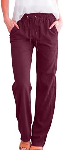 Ljetne ležerne pamučne lanene hlače za žene široke noge s džepovima vrećasta čvrsta boja Ravne hlače za noge plaže hlače