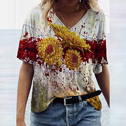 Cvjetni print vrhovi za žene kratke rukave plus majice v vrat casual košulja za vježbanje vintage grafički boho tees henley vrhovi