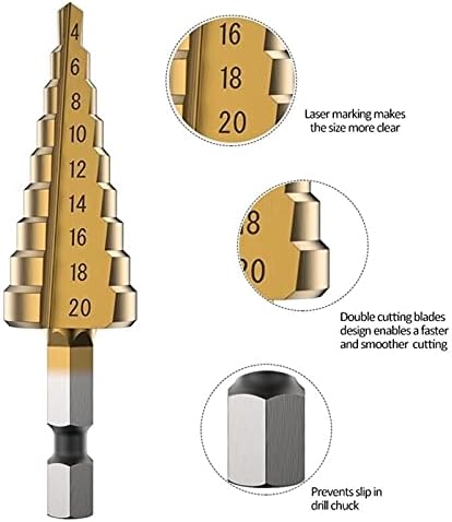 Xmeifeits Korak bušenje 4-12/20/32 mm HSS Korak bušilica Bit Set Zlatni bušilica za napajanje za metalne velike brzine čelične rupe