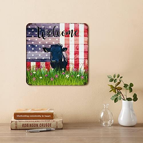 Metalni plaketi zamrznute američke zastave Zrno životinje Krava i ružičasta cvjetna travnjaka Vintage kućni zidni znak Retro Metal