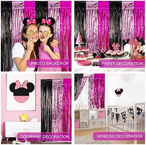 * 3 pakiranja pribora za rođendansku zabavu Minnie, zavjese s resama od fuksije u Crnoj i ružičastoj foliji veličine 3, 3 96,6 stopa