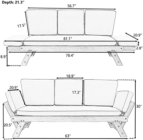 Vanjski podesivi popločani dio dvorišta drveni kauč na razvlačenje za male prostore, smeđa obloga + bež jastuk kao što je prikazano