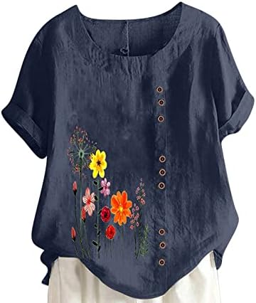 Tuianres pamučne bluze za žene okrugli vrat labava lanena majica ljetna gornja rukava kratka rukava casual slatka cvjetna tiskana majica
